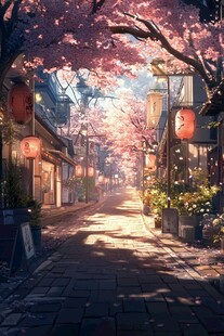 春日樱花下的静谧古风街道