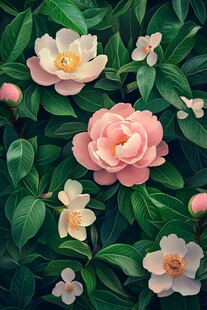 娇艳山茶绽放绿叶间