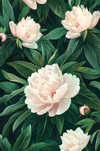 粉白芍药绽放绿叶间