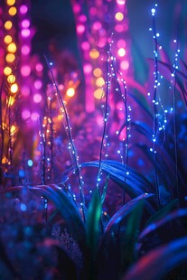 梦幻彩灯装点的植物景观