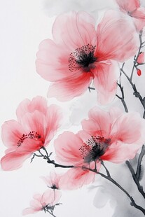 水墨风绽放的娇艳粉色花朵