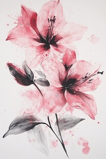 水墨风粉色百合花绘画