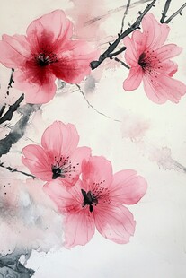 水墨粉樱图