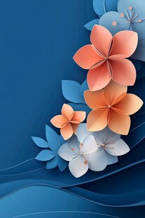 蓝色背景上的立体折纸花卉