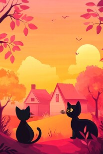 黄昏下的双猫与温馨小屋