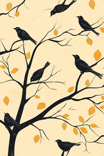 树枝上的鸟儿与秋叶