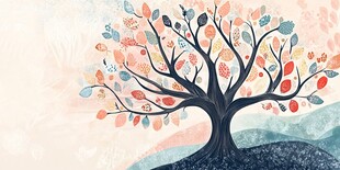 梦幻手绘多彩树木插画