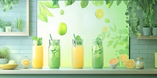清新绿植风的多彩果汁陈列