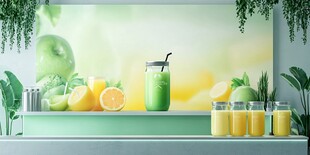 清新绿植旁的鲜榨果蔬饮品