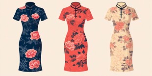 三款精美印花中式旗袍