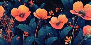 梦幻橙色花卉植物插画