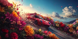红色跑车穿行绚烂花海