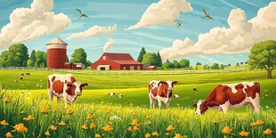 田园牧歌中的奶牛与农场