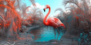 梦幻火烈鸟立于奇幻湿地