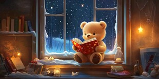 小熊窗边夜读温馨场景