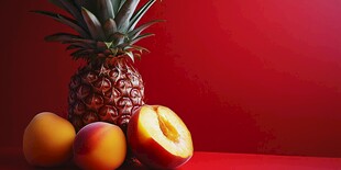 红底上的菠萝与鲜桃