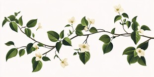 白色花朵绿叶缠绕枝条