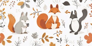 三只松鼠在秋日场景中