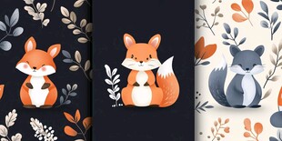 可爱狐狸插画与植物图案