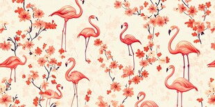 火烈鸟与花卉的唯美图案