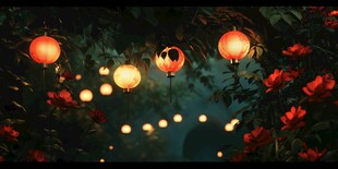 灯笼摇曳于繁花绿叶间