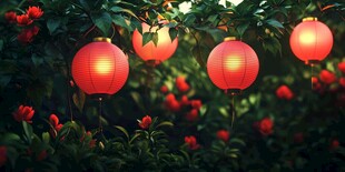 红灯笼映繁花 诗意氛围