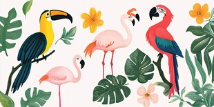 热带鸟类与植物插画