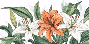 橙白百合花与绿叶插画
