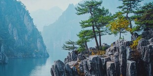 山水间的苍松峻岭美景