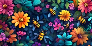 蜜蜂在多彩花丛中忙碌