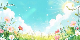 春日烂漫花草蓝天白云景