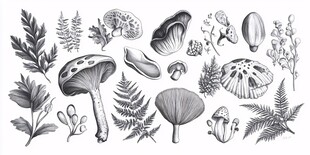 手绘森林蘑菇与植物元素