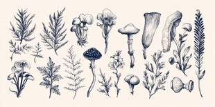 手绘菌类与植物集合图