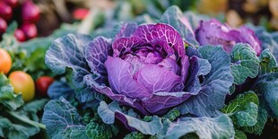 紫甘蓝与多彩蔬果的田园景致