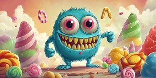 可爱蓝怪物置身糖果世界