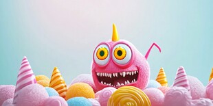 粉色怪物置身缤纷糖果世界