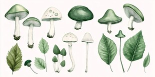 手绘绿色蘑菇与叶片集合