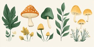 蘑菇与绿植的清新插画