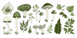 手绘蘑菇与绿叶植物集合