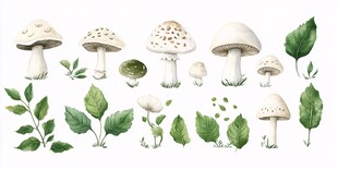 水彩绘蘑菇与绿叶素材集