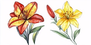 两色百合花水彩插画