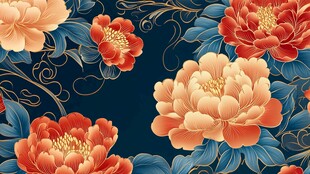 深蓝底牡丹花卉中式图案