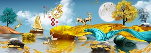 金色麋鹿山水发财鹿装饰画