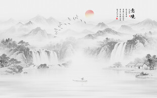 新中式流水生财水墨山水背景墙