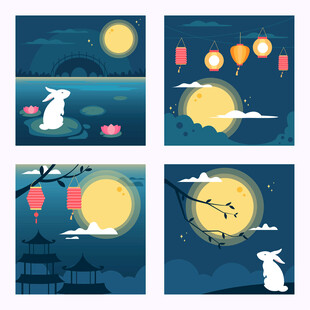 中秋月夜玉兔插画组图