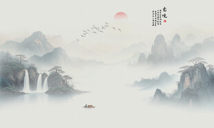 意境水墨山画背景壁画