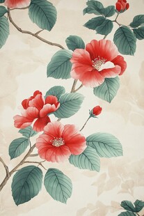 中式手绘盛开的艳丽花朵