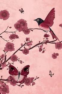 粉枝上的鸟蝶春日图景