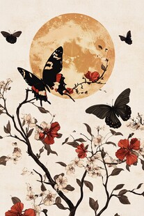 月夜蝶舞花枝图