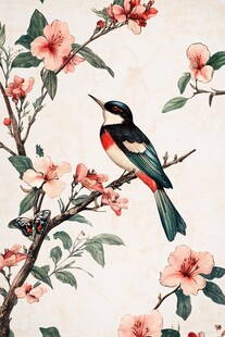 花鸟图 枝头小鸟伴繁花